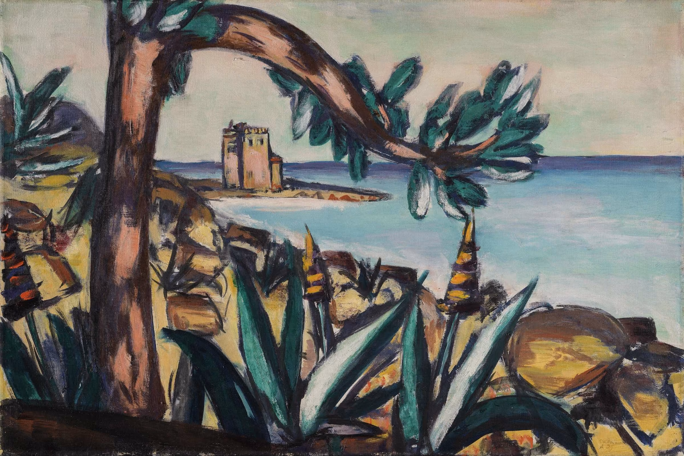 Meerlandschaft mit Agaven und altem Schloss