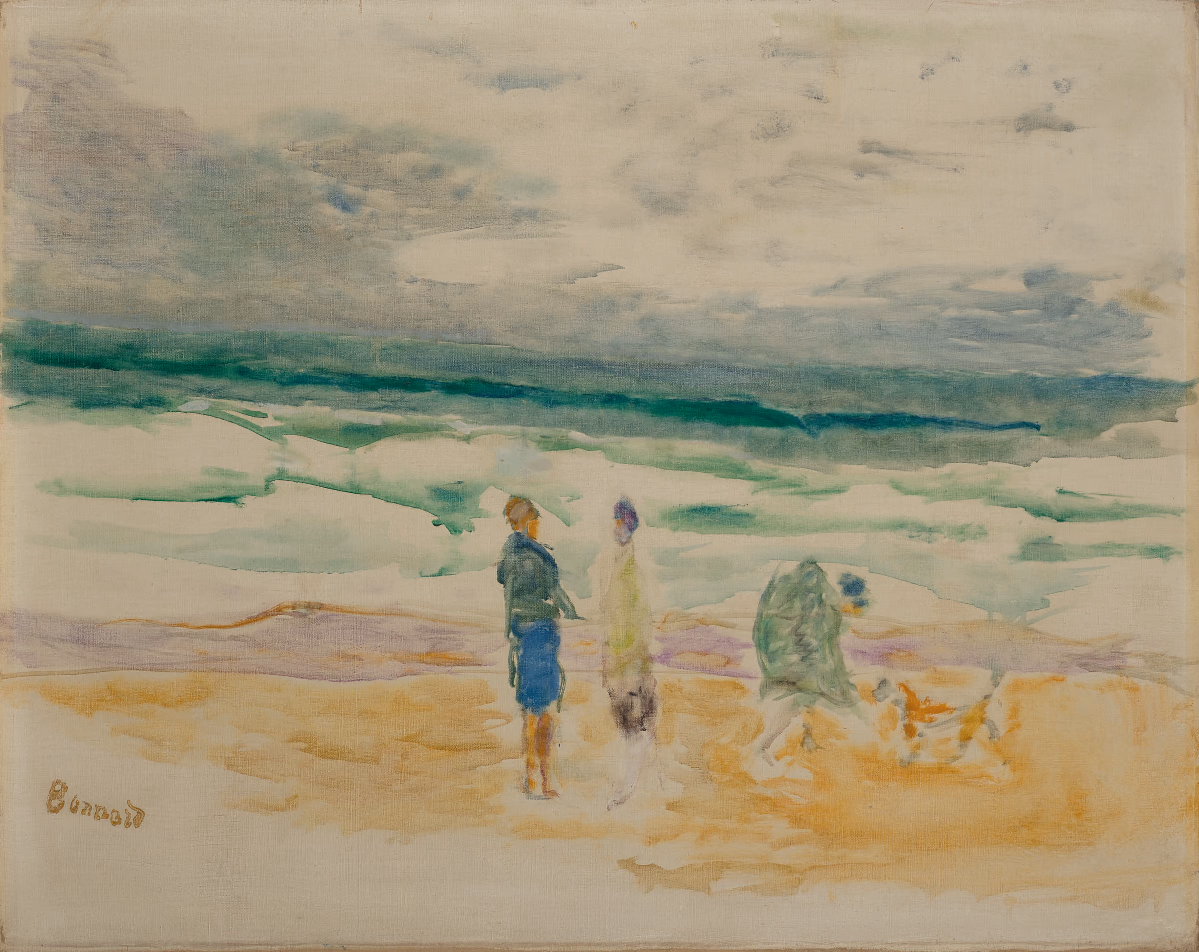 The beach, Three characters and a dog